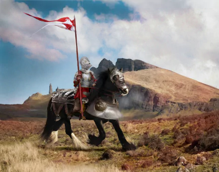 A medieval knight in shiny armor rides a powerful horse across a grassy landscape under a cloudy sky, rendered in 4K Ultra HD fantasy style.