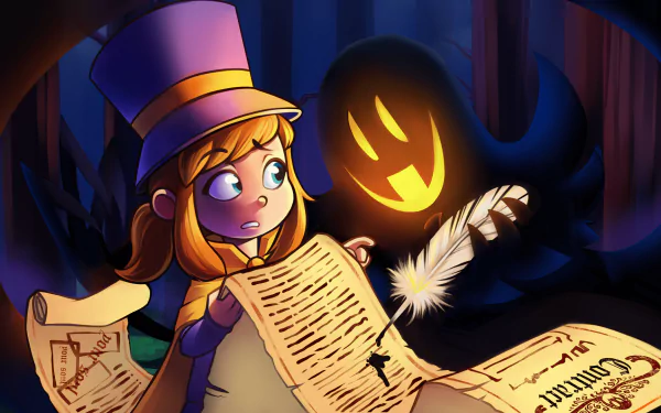 HD desktop wallpaper featuring a surprised character from A Hat in Time reading a book, with a spooky shadow and glowing eyes in the background.