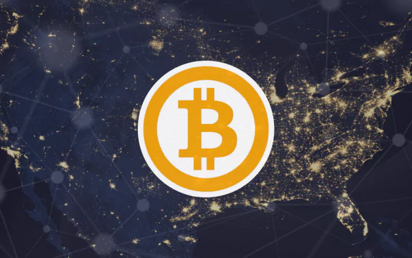 HD wallpaper with a Bitcoin logo over a digital map of the world, symbolizing global cryptocurrency connections.