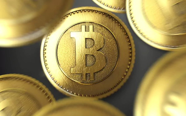 HD wallpaper of golden Bitcoin coins scattered, representing cryptocurrency, with a prominent coin in the center.