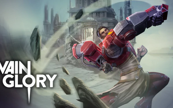 HD wallpaper of a Vainglory game character in battle armor, poised for action against a mystical city backdrop.