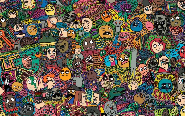 Colorful, chaotic meme-inspired collage filled with quirky, funny cartoon faces and characters, designed as an HD PC desktop wallpaper and background.