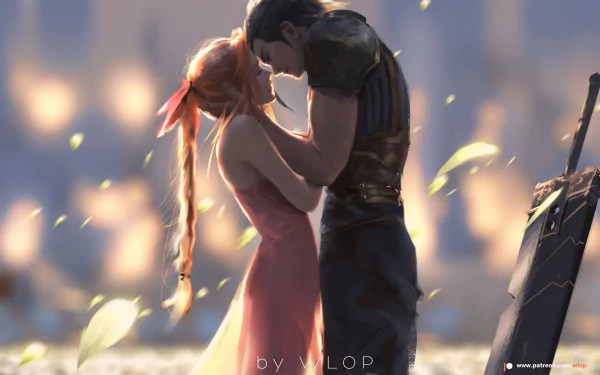 HD wallpaper featuring Zack Fair and Aeris Gainsborough from the video game Crisis Core: Final Fantasy VII, embraced tenderly with a soft, glowing backdrop, showcasing the emotional bond between the characters.