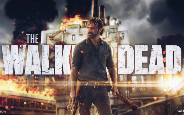 HD PC desktop wallpaper featuring Andrew Lincoln as Rick Grimes from the TV show The Walking Dead, set against a fiery, intense background.