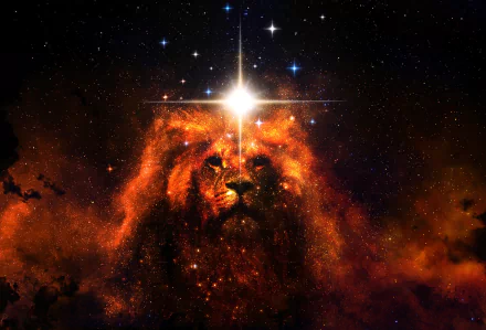 A striking HD desktop wallpaper depicting a majestic lion formed from fiery cosmic clouds beneath a bright star in deep space, blending fantasy and celestial elements.