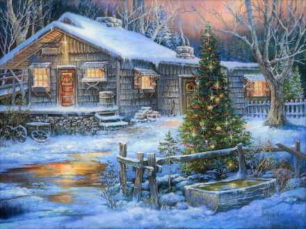 Winter scene of a snow-covered country house with a decorated Christmas tree, captured in a detailed, artistic painting style HD desktop wallpaper.