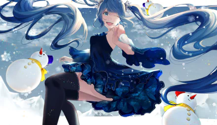 HD desktop wallpaper featuring Hatsune Miku from Vocaloid in a flowing dark blue dress, surrounded by whimsical white bird-like creatures against a sparkling background.
