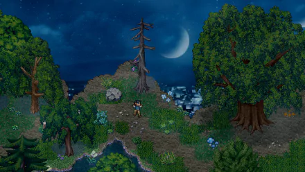 HD desktop wallpaper of a scene from Finding Paradise, showing a pixel art character in a moonlit forest clearing.