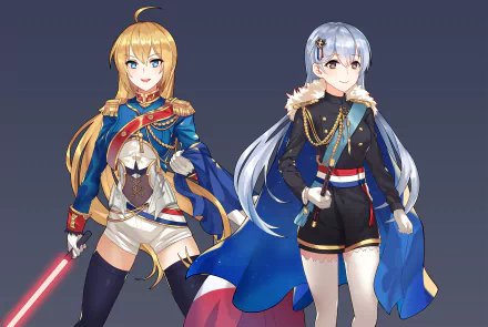 HD anime-style desktop wallpaper featuring two original female characters in detailed, military-inspired outfits with vibrant colors and dynamic poses.