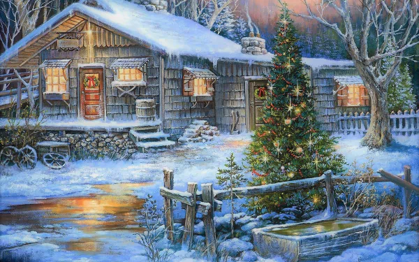Winter scene of a snow-covered country house with a decorated Christmas tree, captured in a detailed, artistic painting style HD desktop wallpaper.