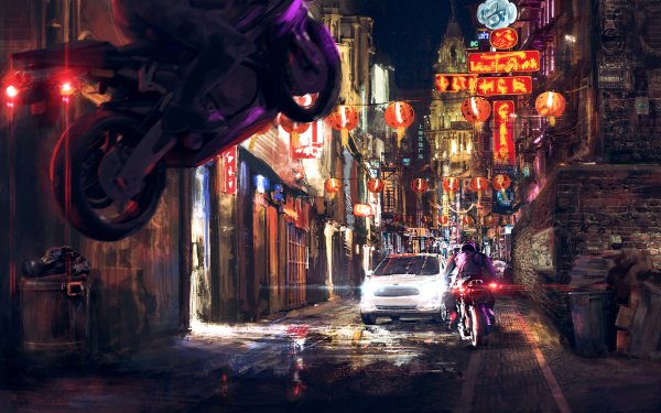 Sci Fi City Illustration China Motorcycle HD Wallpaper | Background Image