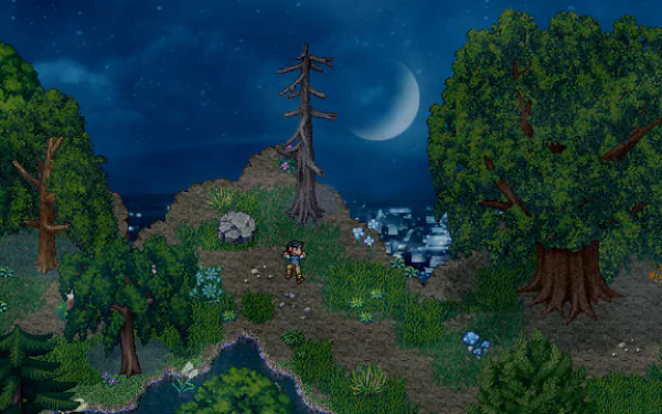 HD desktop wallpaper of a scene from Finding Paradise, showing a pixel art character in a moonlit forest clearing.