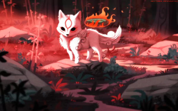 HD image of a fox from the video game Ōkami, standing in a stylized forest with mystical flames around it, designed as a desktop wallpaper and background.
