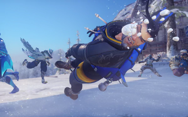 4K Ultra HD PC desktop wallpaper of Overwatch heroes Ana, Roadhog, Soldier: 76, Hanzo and Sombra crashing through a snowy battlefield, mid-action with snow spraying around them.