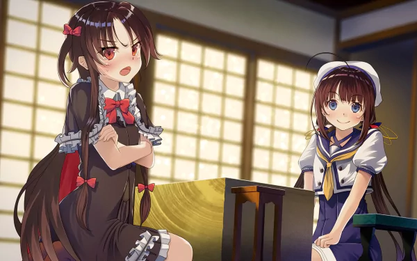 HD anime desktop wallpaper featuring Ai Yashajin and Ai Hinatsuru from Ryuuou no Oshigoto! in a traditional Japanese room with shoji screens.