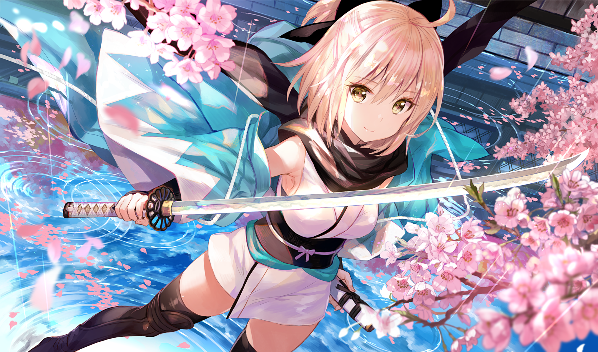 HD desktop wallpaper featuring Saber from the Fate Series, known as Sakura Saber, from Fate/Grand Order. The character poses with a sword amidst cherry blossoms and vibrant blue surroundings.