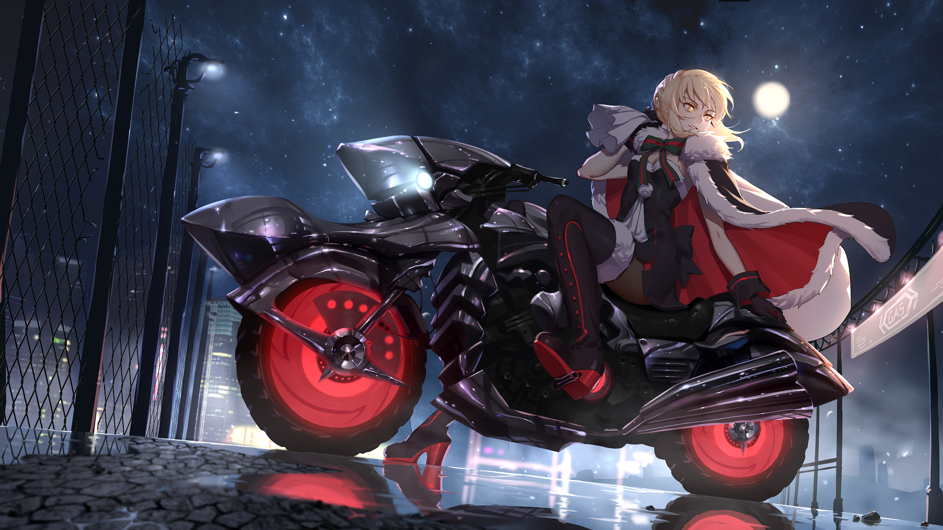 HD desktop wallpaper featuring an anime character from Fate/Grand Order, seated confidently on a futuristic motorcycle with glowing red wheels against a nighttime cityscape background.
