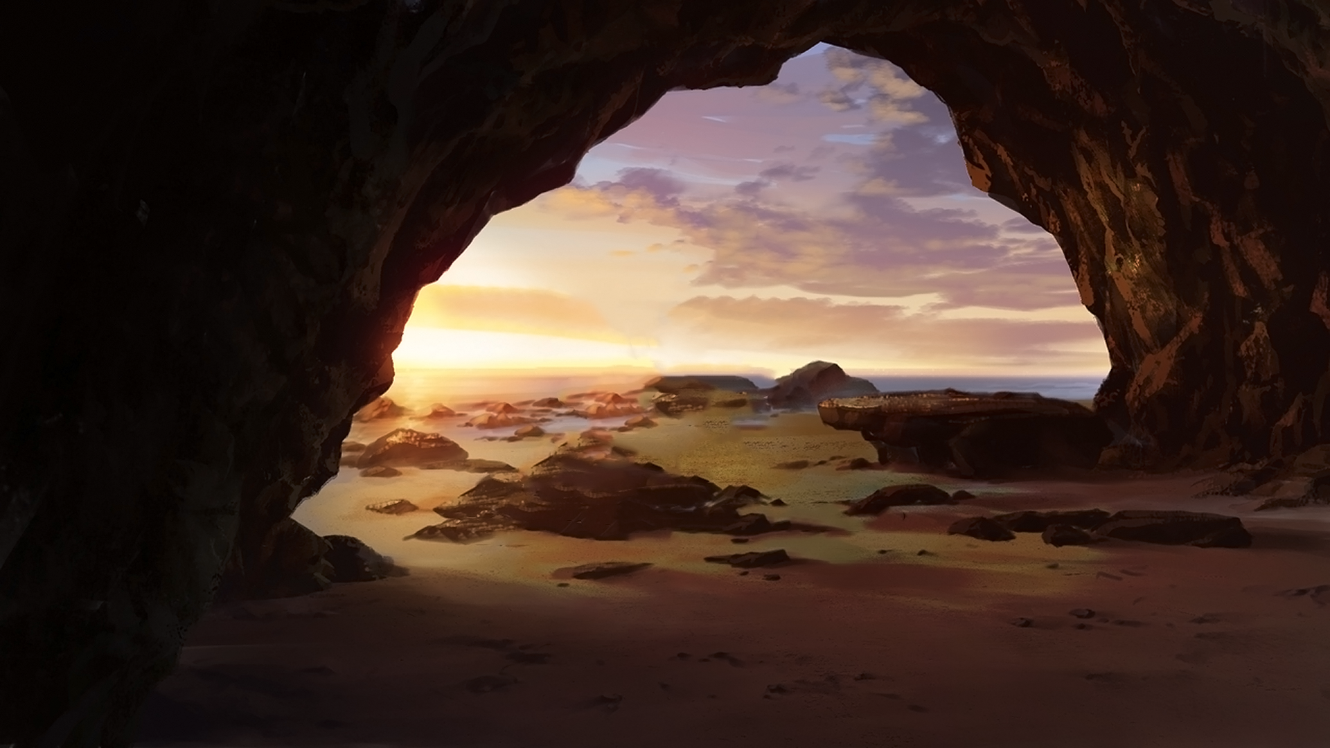 HD anime-style desktop wallpaper depicting a serene beach scene viewed from inside a dark cave at sunset with soft clouds and distant rocks.