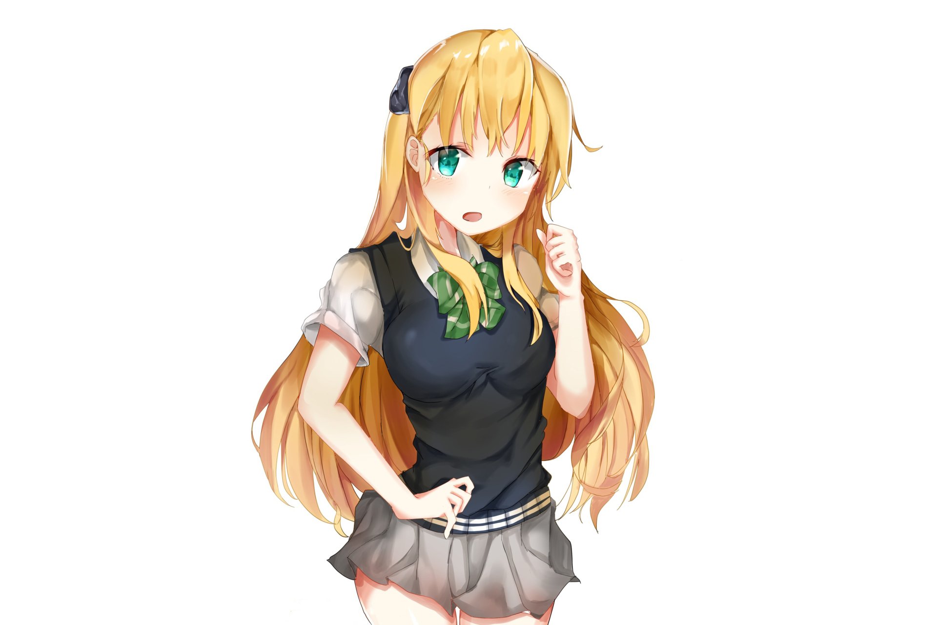 HD anime-style desktop wallpaper of a blonde female gamer character with long hair, wearing a black vest and gray skirt, set against a white background.
