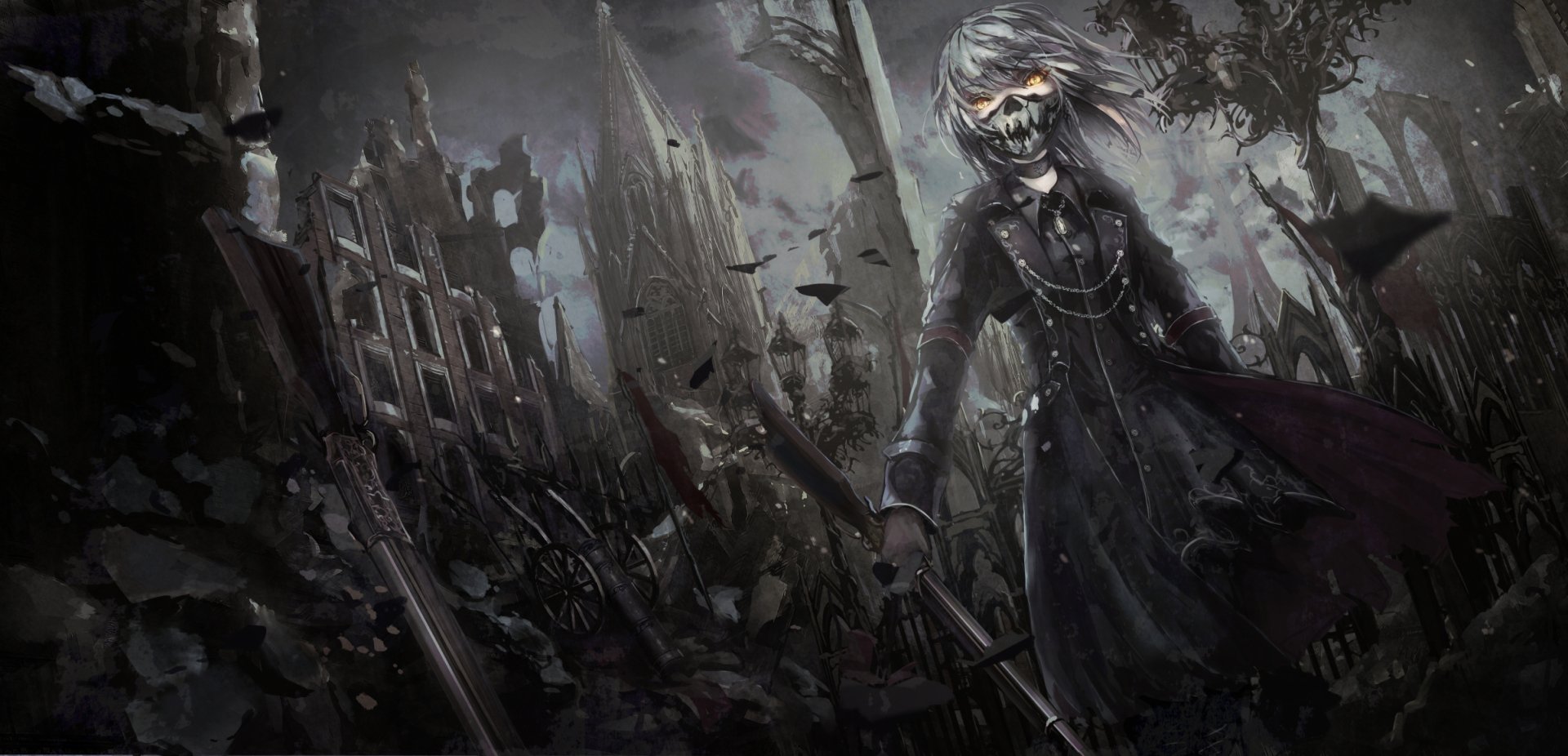 HD wallpaper of an anime girl in dark attire, standing in a post-apocalyptic setting with ruins and flying debris in the background. The scene exudes a mysterious, intense atmosphere.