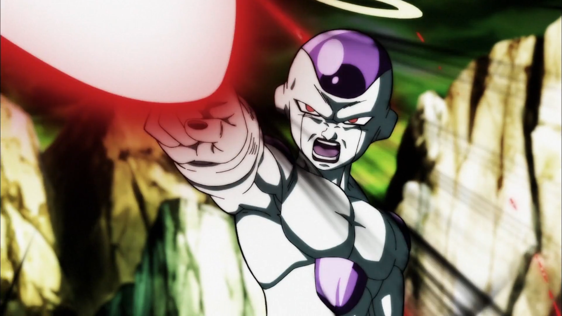 HD PC desktop wallpaper featuring Frieza from Dragon Ball Super, captured mid-attack in vibrant anime style.
