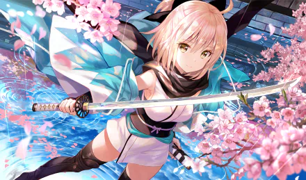 HD desktop wallpaper featuring Saber from the Fate Series, known as Sakura Saber, from Fate/Grand Order. The character poses with a sword amidst cherry blossoms and vibrant blue surroundings.