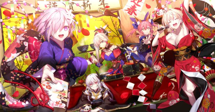 HD desktop wallpaper featuring vibrant characters from Fate series including Nero Claudius, Tamamo no Mae, Musashi Miyamoto, and others, celebrating in a colorful, festive setting.
