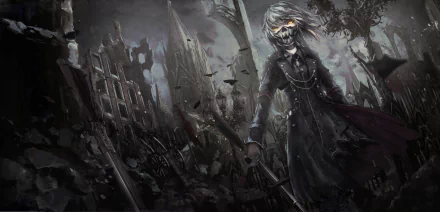 HD wallpaper of an anime girl in dark attire, standing in a post-apocalyptic setting with ruins and flying debris in the background. The scene exudes a mysterious, intense atmosphere.