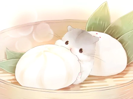 HD anime-style original artwork of a cute hamster nestled between steamed buns, designed as a PC desktop wallpaper and background.