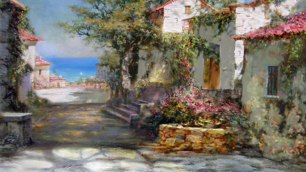 Artistic painting of a quaint village by the sea, featuring charming houses amid lush foliage, suitable as a vibrant HD desktop wallpaper.