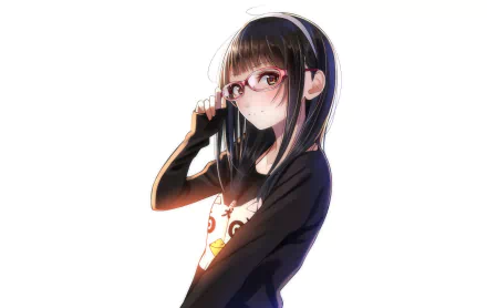 HD anime-style original artwork of a girl with glasses and long dark hair, depicted with soft shading and a casual pose, designed as a PC desktop wallpaper.