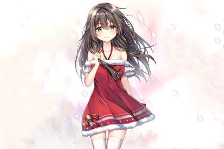 HD anime-style original artwork of a girl with long dark hair in a red dress, set against a soft, light background, designed as a PC desktop wallpaper.
