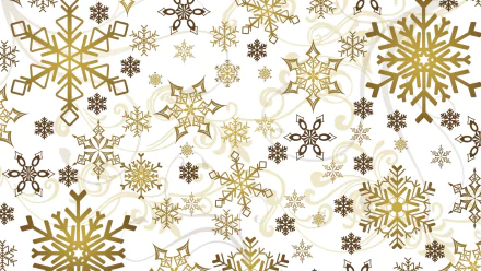 Artistic HD PC desktop wallpaper featuring an intricate pattern of gold and brown snowflakes on a white background, creating a festive and elegant design.