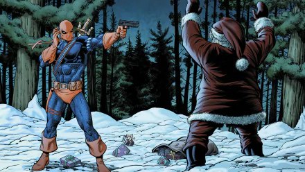 Deathstroke confronts Santa Claus in a snowy forest in this vibrant HD DC Comics wallpaper, blending holiday cheer with comic book action.