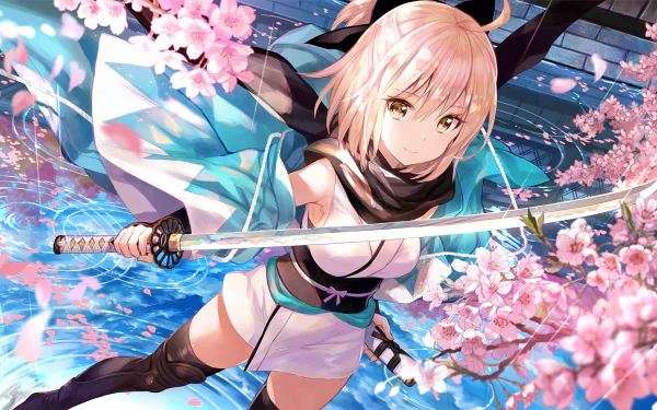 HD desktop wallpaper featuring Saber from the Fate Series, known as Sakura Saber, from Fate/Grand Order. The character poses with a sword amidst cherry blossoms and vibrant blue surroundings.