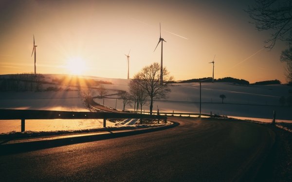 Man Made Road Winter Snow Sunrise Wind Turbine HD Wallpaper | Background Image