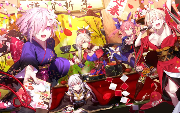 HD desktop wallpaper featuring vibrant characters from Fate series including Nero Claudius, Tamamo no Mae, Musashi Miyamoto, and others, celebrating in a colorful, festive setting.