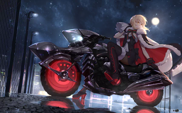 HD desktop wallpaper featuring an anime character from Fate/Grand Order, seated confidently on a futuristic motorcycle with glowing red wheels against a nighttime cityscape background.