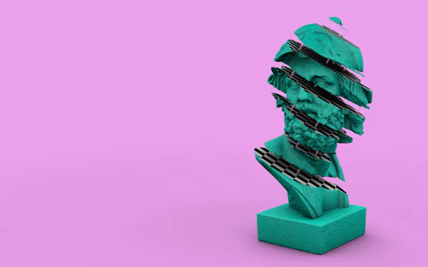 Glitch-style vaporwave bust sculpture in teal against a pink aesthetic background, creating an artistic HD desktop wallpaper with a modern, digital vibe.