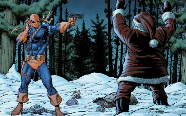 Deathstroke confronts Santa Claus in a snowy forest in this vibrant HD DC Comics wallpaper, blending holiday cheer with comic book action.