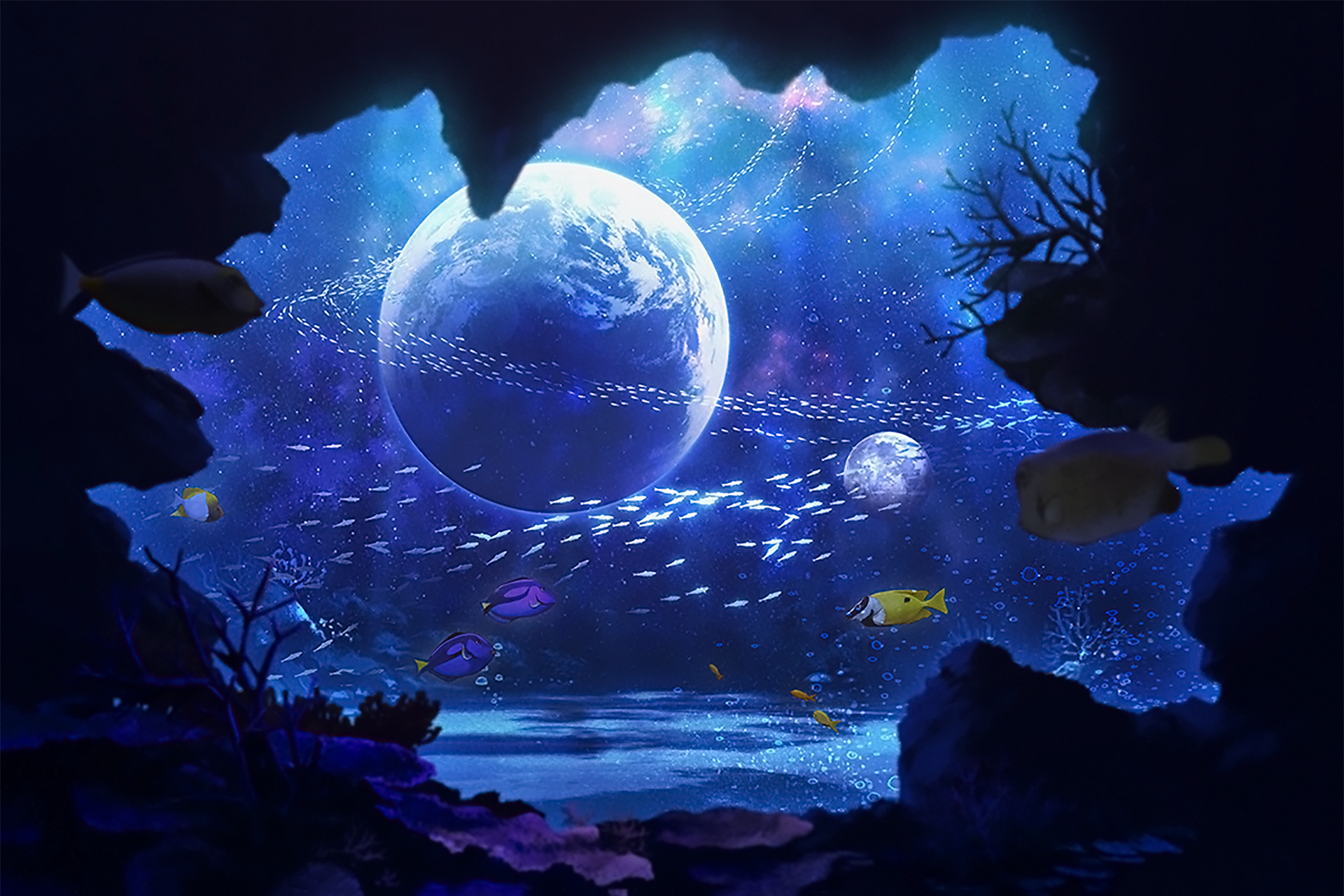 HD desktop wallpaper featuring an anime-style underwater scene with fish, a large moon, and cosmic elements. The tranquil, artistic background creates a serene and otherworldly atmosphere.