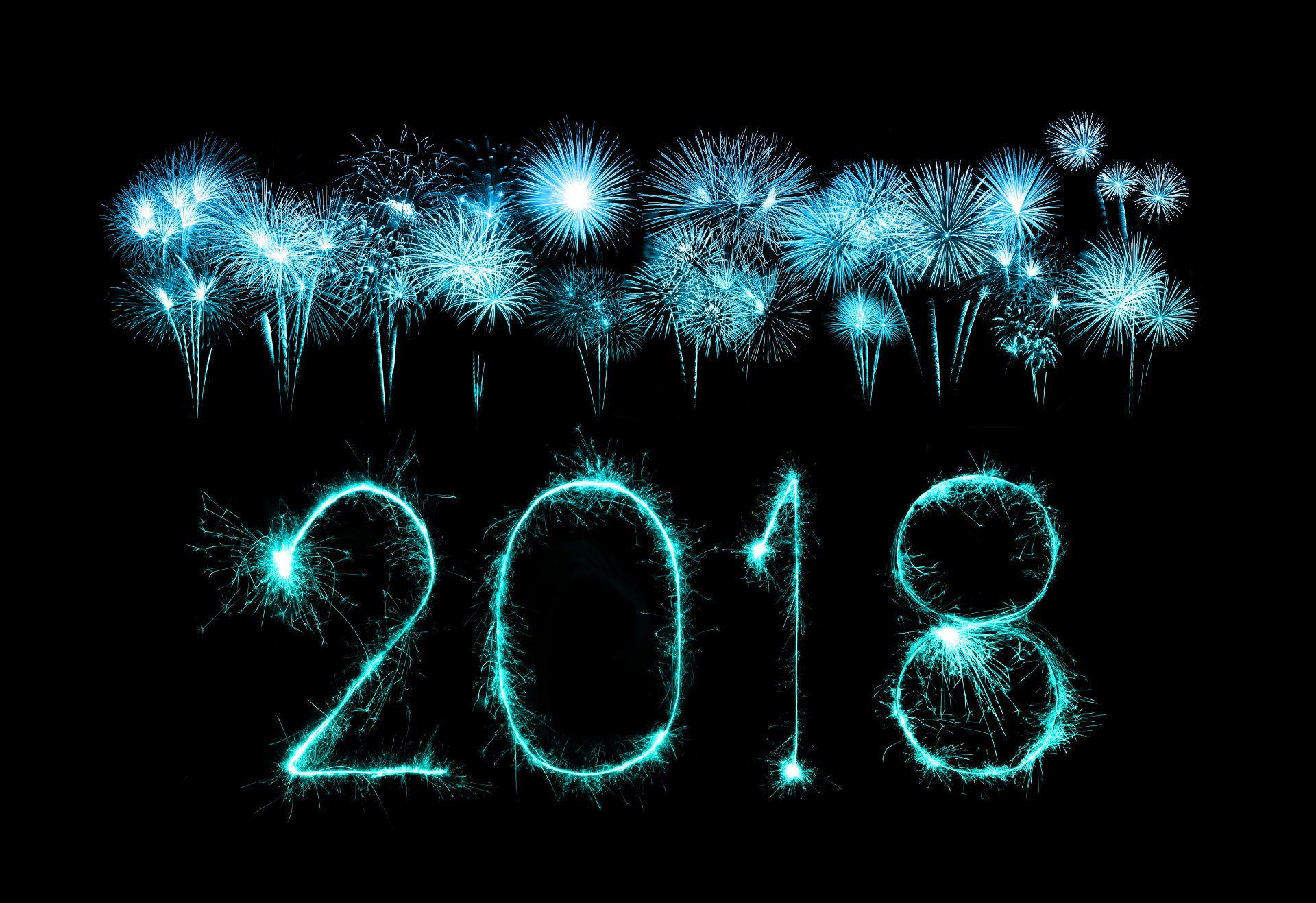 Vibrant blue fireworks form the numbers 2018 against a black sky, celebrating New Year 2018 in this 4K Ultra HD holiday desktop wallpaper.