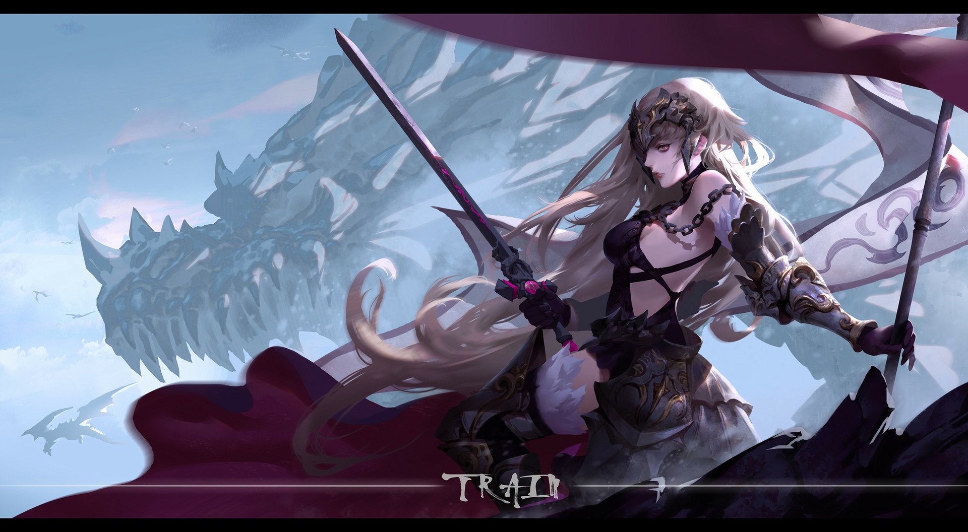 Jeanne d'Arc Alter from Fate/Grand Order, clad in dark armor with long white hair and red eyes, wields a sword before a dragon against a stormy mountain backdrop.