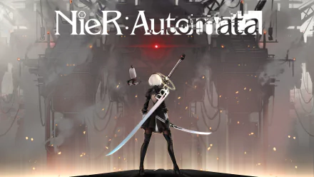NieR: Automata HD wallpaper featuring YoRHa No.2 Type B in a black dress, thigh-high boots, and gloves, wielding a katana against a glowing industrial backdrop.
