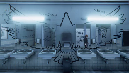 HD desktop wallpaper from the video game Life Is Strange: Before The Storm featuring Chloe Price in a bathroom with eagle graffiti on the mirrors and walls.