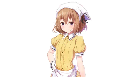 Anime-style HD desktop wallpaper of Mafuyu Hoshikawa from Blend S, featuring her in a yellow dress and maid headdress, with short brown hair, purple eyes, and a gentle smile.