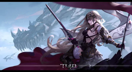 Jeanne d'Arc Alter from Fate/Grand Order, clad in dark armor with long white hair and red eyes, wields a sword before a dragon against a stormy mountain backdrop.