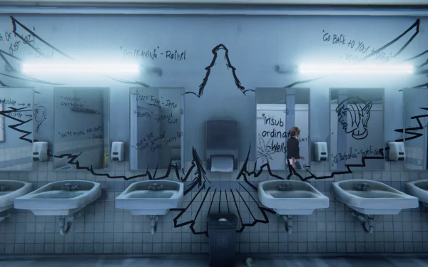 HD desktop wallpaper from the video game Life Is Strange: Before The Storm featuring Chloe Price in a bathroom with eagle graffiti on the mirrors and walls.