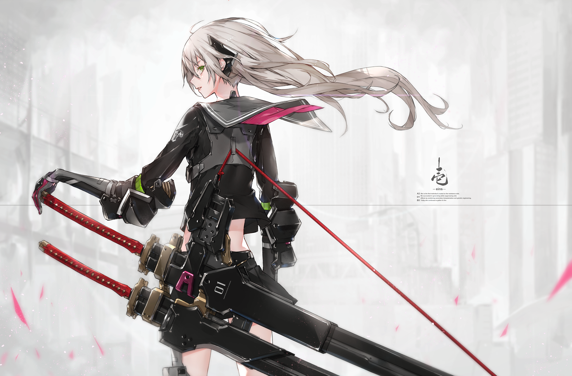 HD anime wallpaper featuring an original character with white hair in a black outfit, holding dual swords against a cityscape background with pink petals.