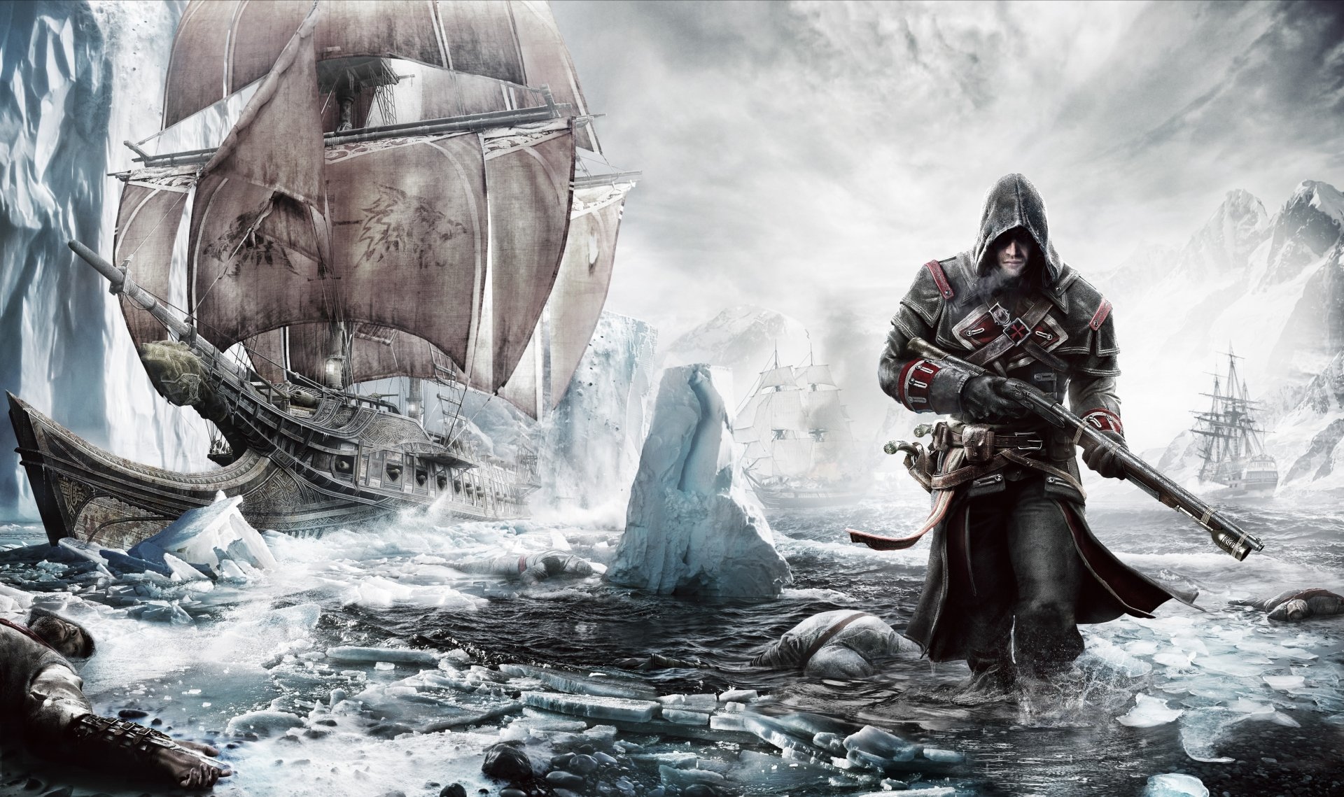 HD wallpaper from Assassin's Creed: Rogue featuring a hooded assassin with a gun standing on icy waters near a large ship in a snowy, stormy setting.